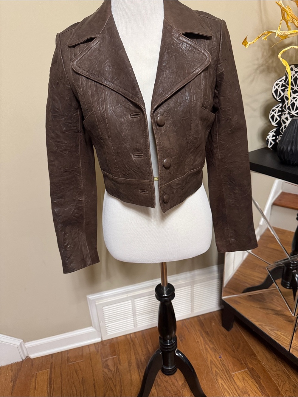 Gryphon Cropped Dark Brown Leather Jacket Size M NWT